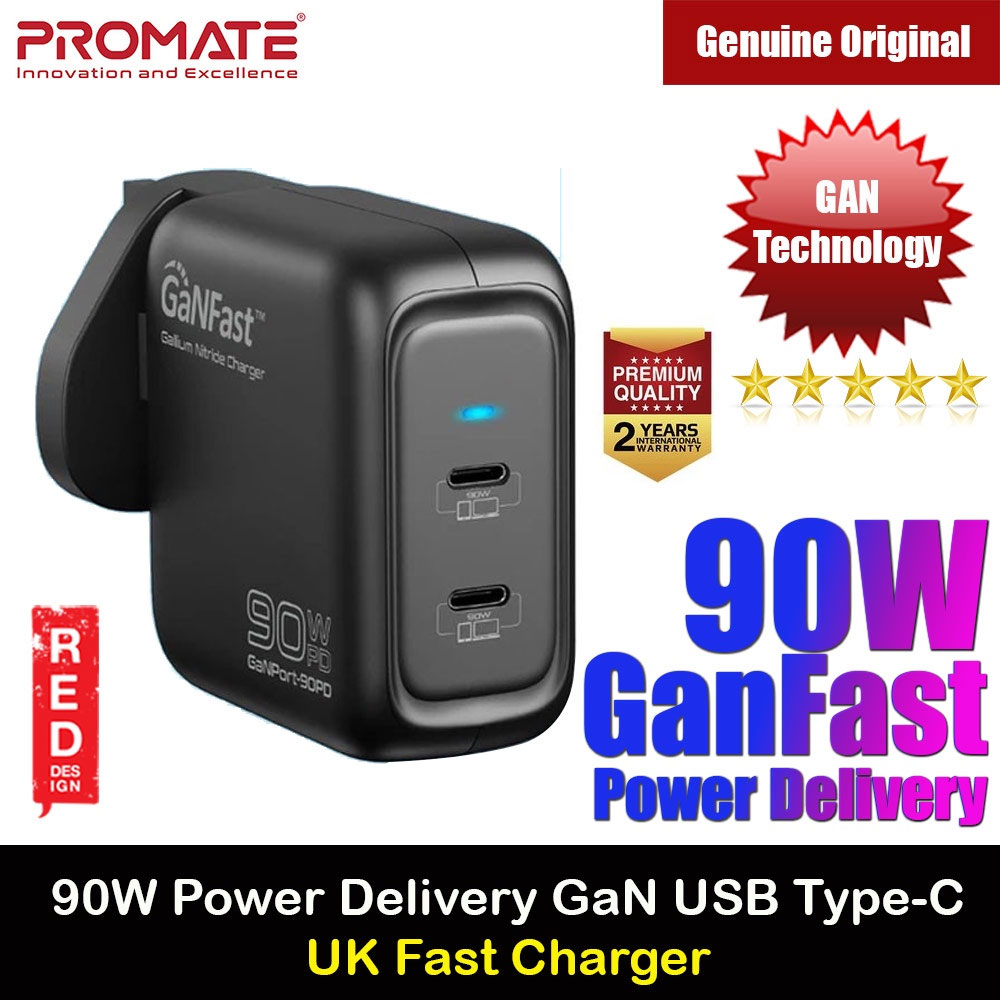 Picture of Promate GaN USB-C Charger Powerful 90W Dual USB-C Laptop Charger with Fast Charging GaN Technology Power Delivery Wall Adaptor UK and Adaptive Fast Charging for MacBook Pro Macbook Air iPad Pro iPhone 13 Series 14 Pro Max Plus iPad Air GaNPort-90PD Red Design- Red Design Cases, Red Design Covers, iPad Cases and a wide selection of Red Design Accessories in Malaysia, Sabah, Sarawak and Singapore 