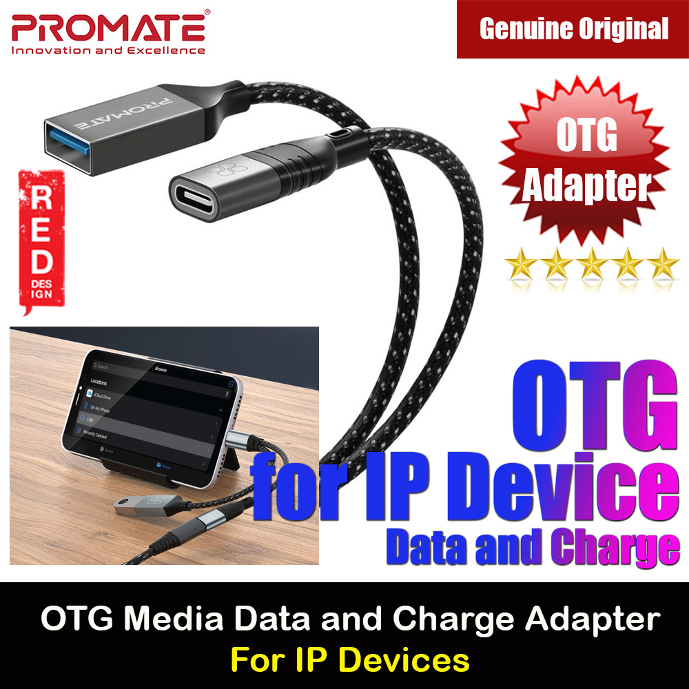 Picture of Promate OTG Media Adapter with Male IP Cable to Female USB A USB C Ports 480Mbps Data Transfer 12W Charge OTGLink-i Red Design- Red Design Cases, Red Design Covers, iPad Cases and a wide selection of Red Design Accessories in Malaysia, Sabah, Sarawak and Singapore 