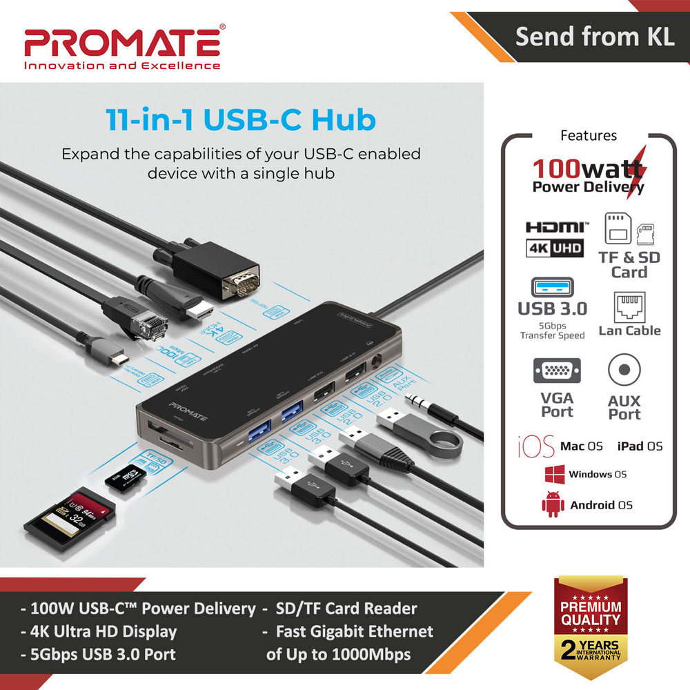 Picture of Promate USB-C™ Hub 11-in-1 Type-C™ Multi-Port Adapter with 100W USB-C™ Power Delivery 4K HDMI 1080 VGA Port RJ45 Port  AUX TF/SD Card Slot and 4 USB Ports for MacBook Pro MacBook Air iPad Pro XPS PrimeHub-Pro Red Design- Red Design Cases, Red Design Covers, iPad Cases and a wide selection of Red Design Accessories in Malaysia, Sabah, Sarawak and Singapore 