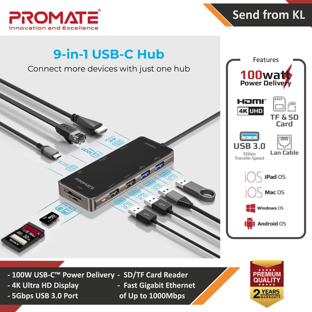 Picture of Promate USB-C Hub 9-In-1 USB Type-C Adapter with 1000Mbps RJ45 Ethernet 100W USB-C Power Delivery 4K HDMI 4 USB Ports and TF/SD Card Slot for MacBook Pro MacBook Air iPad Pro  XPS Chromebook PrimeHub-Go Red Design- Red Design Cases, Red Design Covers, iPad Cases and a wide selection of Red Design Accessories in Malaysia, Sabah, Sarawak and Singapore 