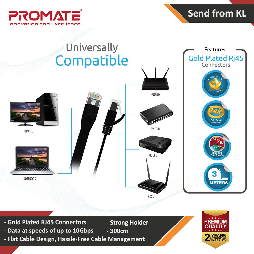 Picture of Promate High Speed CAT 6 Ethernet LAN Cable transmitting data at speeds of up to 10Gbps RJ45 connectors 300cm linkMate-L2L Red Design- Red Design Cases, Red Design Covers, iPad Cases and a wide selection of Red Design Accessories in Malaysia, Sabah, Sarawak and Singapore 