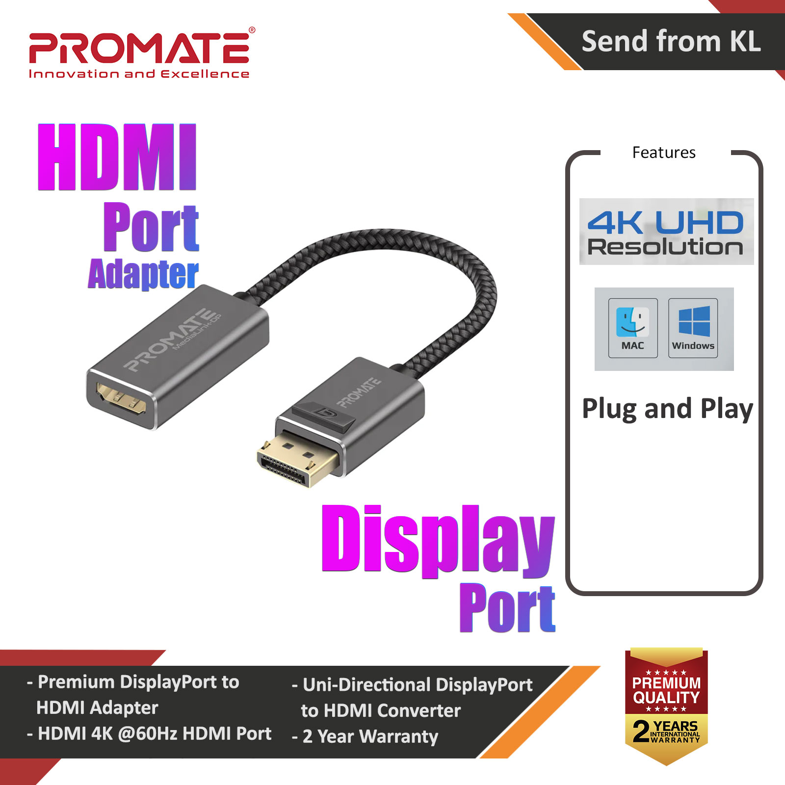 Picture of Promate DisplayPort to HDMI Adapter Ultra HD 4k Male to Female Converter Gold Platted Connectors Uni-Directional Display for iMac Lenovo HP MediaLink-DP Red Design- Red Design Cases, Red Design Covers, iPad Cases and a wide selection of Red Design Accessories in Malaysia, Sabah, Sarawak and Singapore 