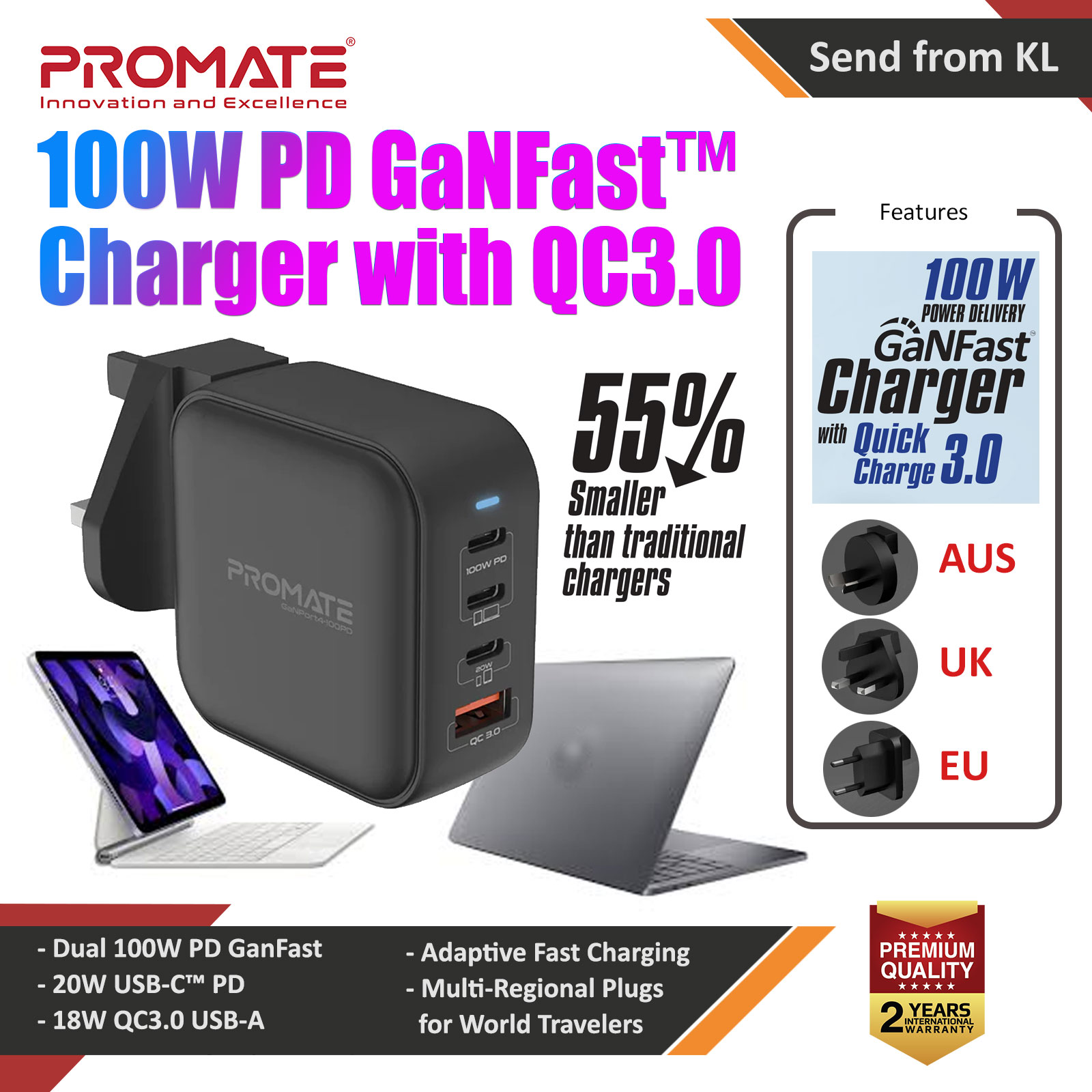 Picture of Promate GaN USB-C Charger 100W GaN Technology Fast Dual Type-C Power Delivery Laptop Charger with 20W Power Delivery USB-C Port 18W QC 3.0 Port and Multi-Regional Plugs for MacBook Pro iPad Pro iPhone 14 GaNPort4-100PD Red Design- Red Design Cases, Red Design Covers, iPad Cases and a wide selection of Red Design Accessories in Malaysia, Sabah, Sarawak and Singapore 