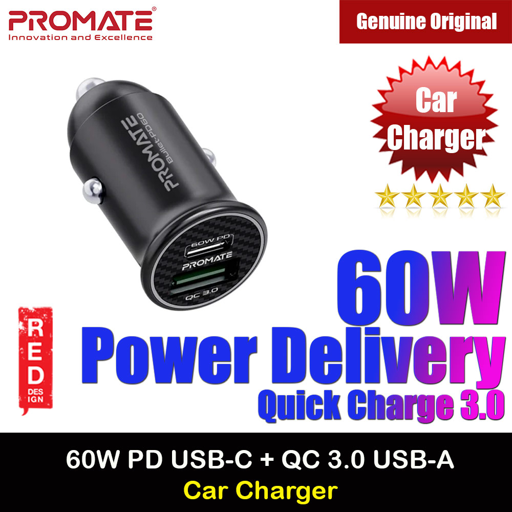 Picture of Promate 60W USB-C Car Charger Super-Fast Type-C Power Delivery Car Charger with 18W Quick Charge 3.0 USB A Aluminum Alloy and Over Charging Protection for MacBook Laptops iPhone Bullet-PD60 Red Design- Red Design Cases, Red Design Covers, iPad Cases and a wide selection of Red Design Accessories in Malaysia, Sabah, Sarawak and Singapore 
