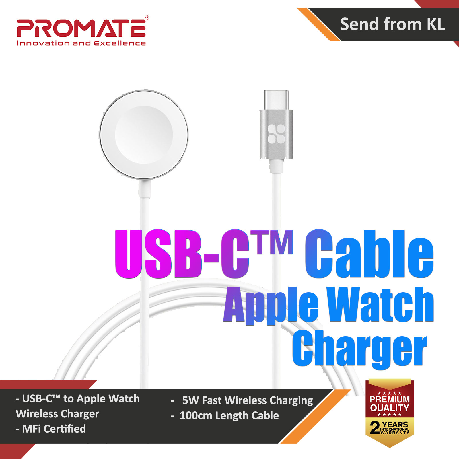 Picture of Promate Apple Watch Charger to USB-C Cable Fast Charging 5W Apple MFi Certified Magnetic Wireless Charging Cord with Anti-Tangle 100cm Cord and Over-Heating Protection for Apple Watch Series 7 8 6 5 4 3 2 1  AuraCord-C Apple Watch 40mm- Apple Watch 40mm Cases, Apple Watch 40mm Covers, iPad Cases and a wide selection of Apple Watch 40mm Accessories in Malaysia, Sabah, Sarawak and Singapore 