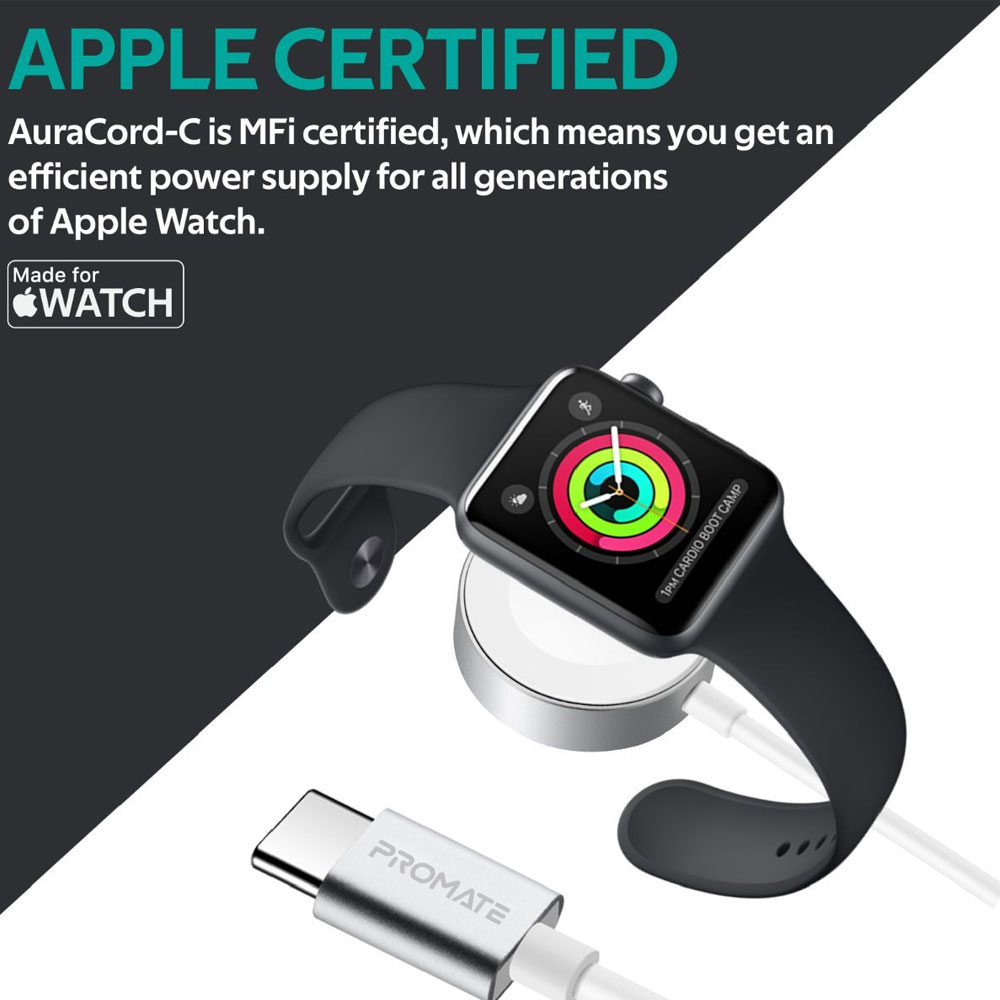 Picture of Apple Watch 40mm Charger | Promate Apple Watch Charger to USB-C Cable Fast Charging 5W Apple MFi Certified Magnetic Wireless Charging Cord with Anti-Tangle 100cm Cord and Over-Heating Protection for Apple Watch Series 7 8 6 5 4 3 2 1  AuraCord-C