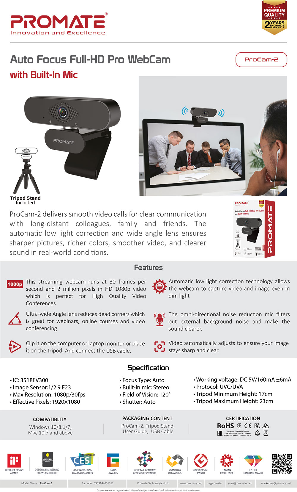 Picture of Promate Auto Focus Wide Angle USB Webcam Full HD1080P with Microphone with Tripod Stand for Live Streaming Video Chat Online Classes for Macbook Laptop